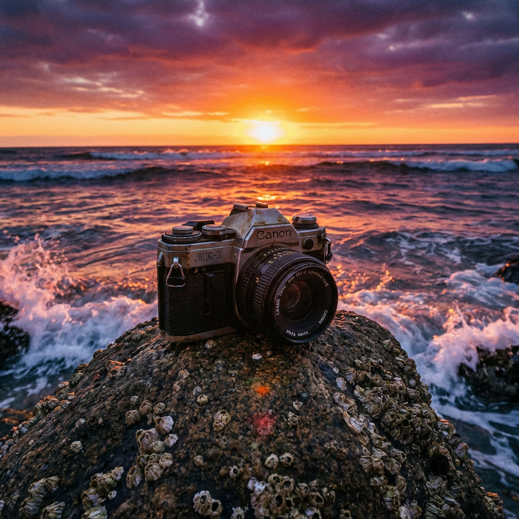 Vintage film camera on a rock during a coastal sunset.