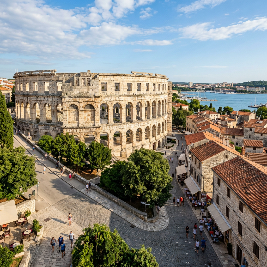 Pula Arena ancient Roman amphitheater with stone arches near waterfront and town