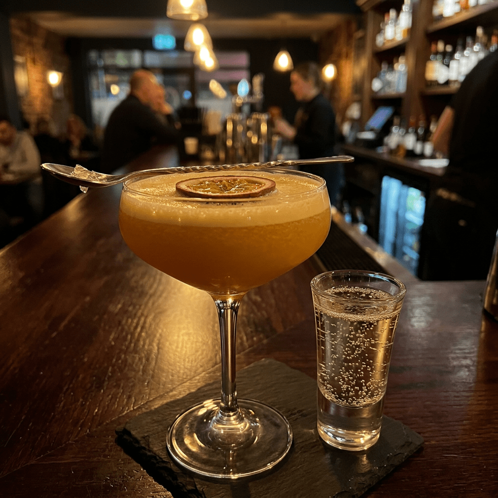 Cocktail glass with frothy orange drink garnished with passion fruit slice and a shot glass with carbonated drink