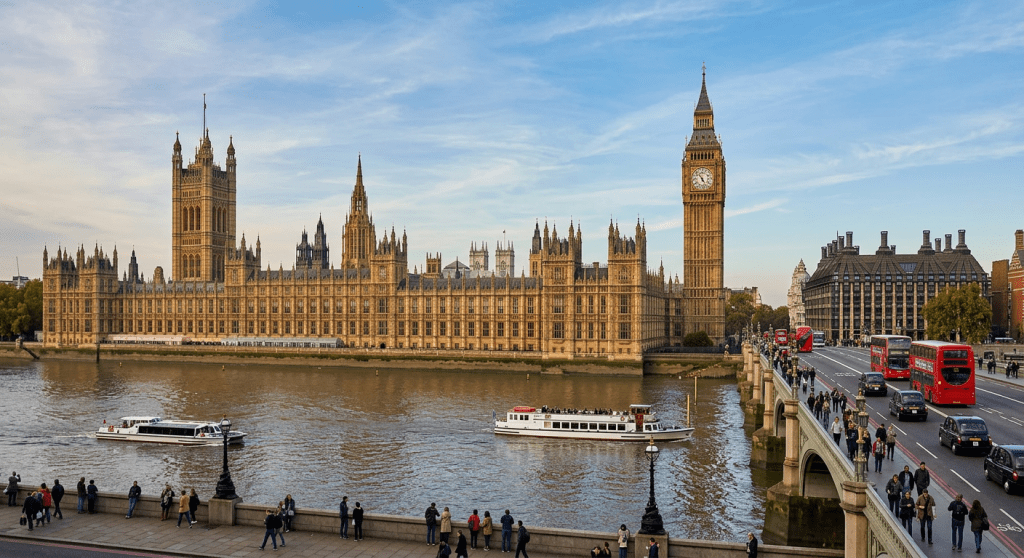 Houses of Parliament and Big Ben with boats on the River Thames and people on Westminster Bridge