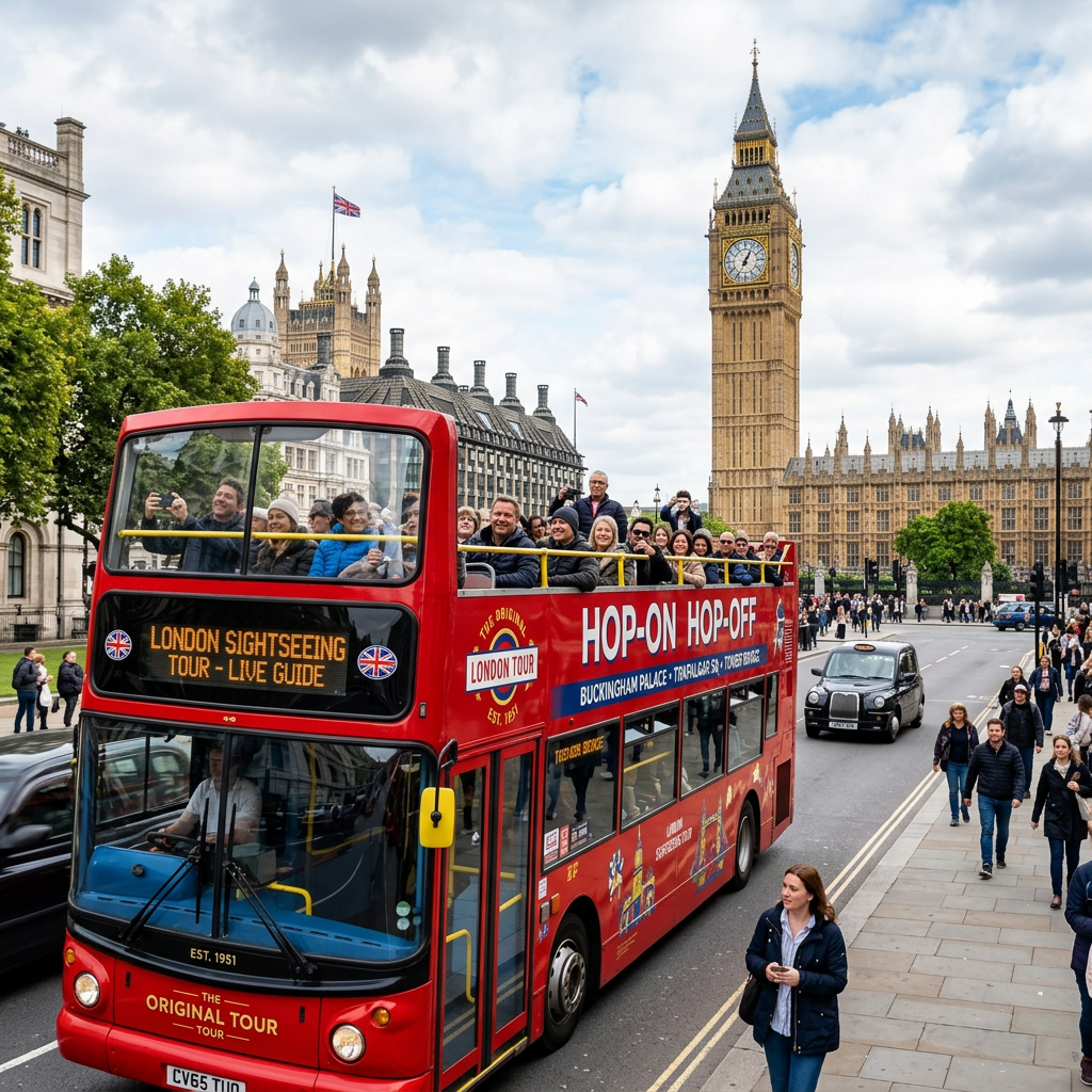 Red double-decker London sightseeing bus with tourists riding past Big Ben and the Houses of Parliament