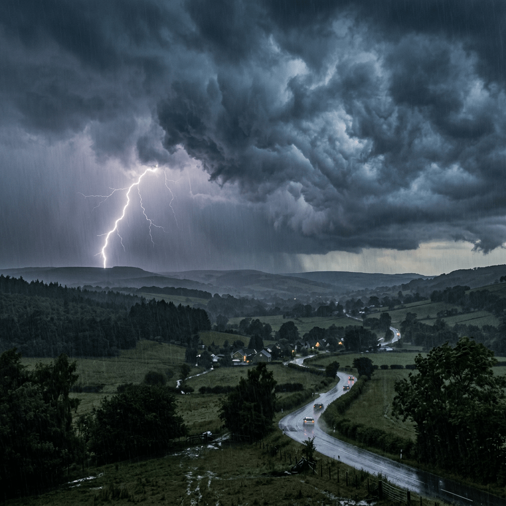 Lightning bolt hitting ground during storm with dark clouds over a winding rural road and houses