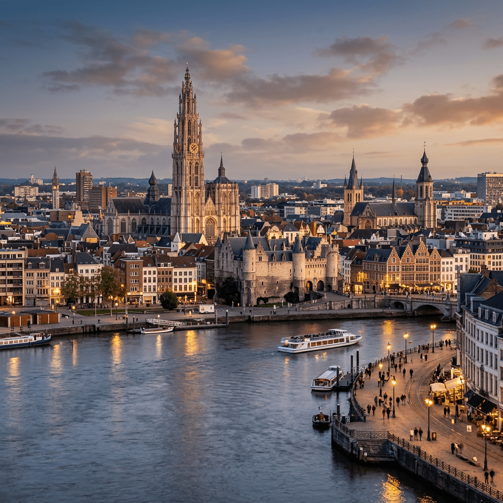 Antwerp cityscape showing Cathedral of Our Lady, river with boats, and historic buildings at twilight