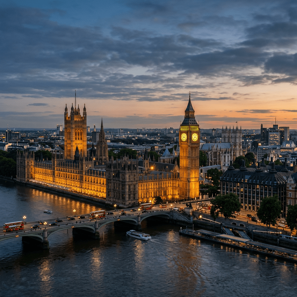 Houses of Parliament and Big Ben lit up at dusk with river and bridge in foreground