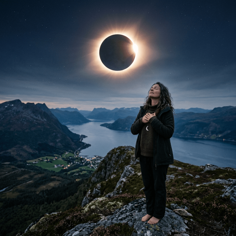 Woman standing barefoot on rocky mountaintop with closed eyes during solar eclipse over fjord
