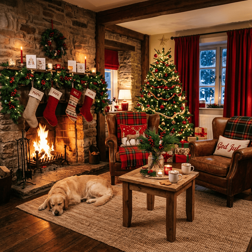Christmas living room with lit tree, fireplace, stockings, armchairs, and sleeping dog