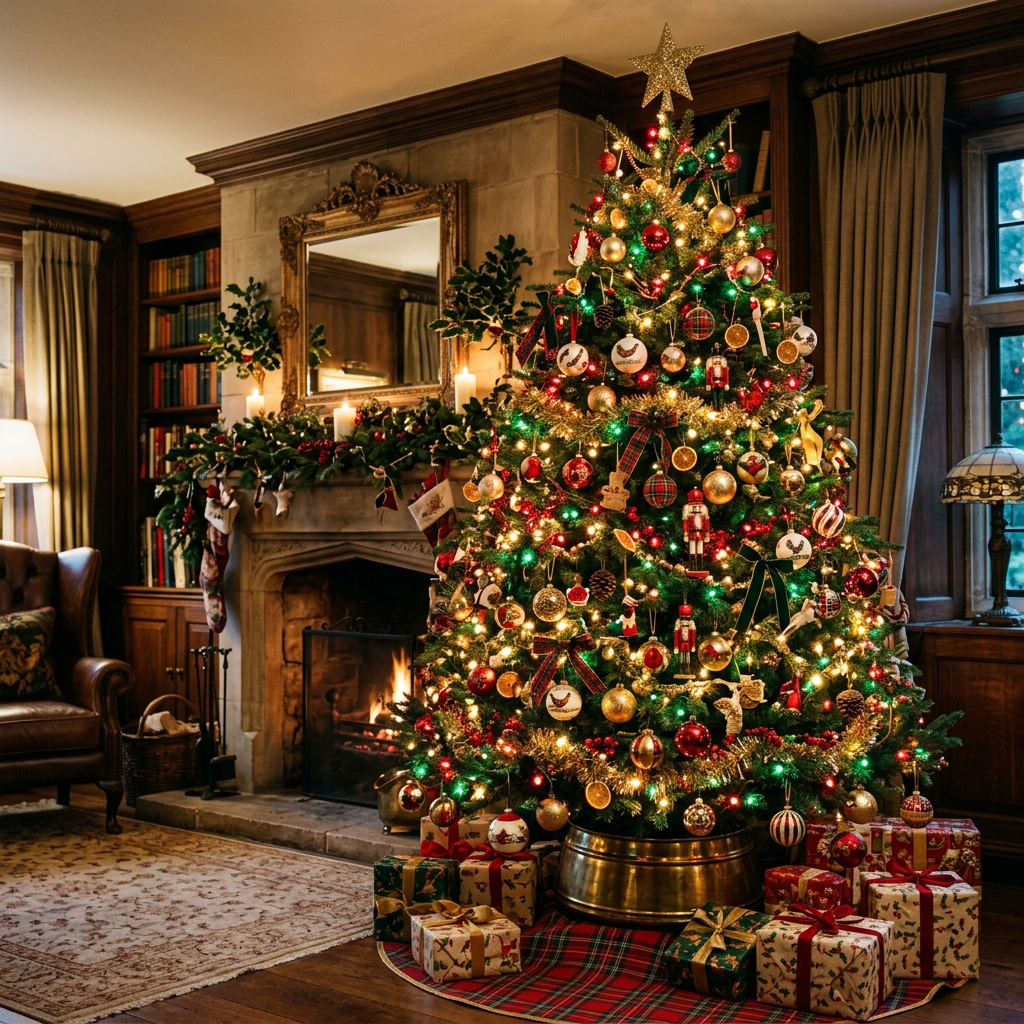 Decorated Christmas tree with presents beside a fireplace