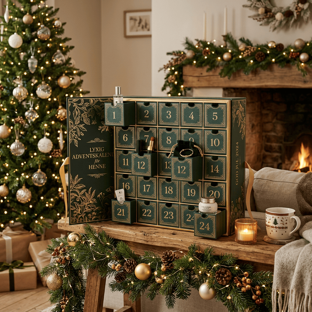 Green and gold beauty advent calendar numbered 1 through 24, reading “LYXIG ADVENTSKALENDER för HENNE” and “GOD JUL 2024”