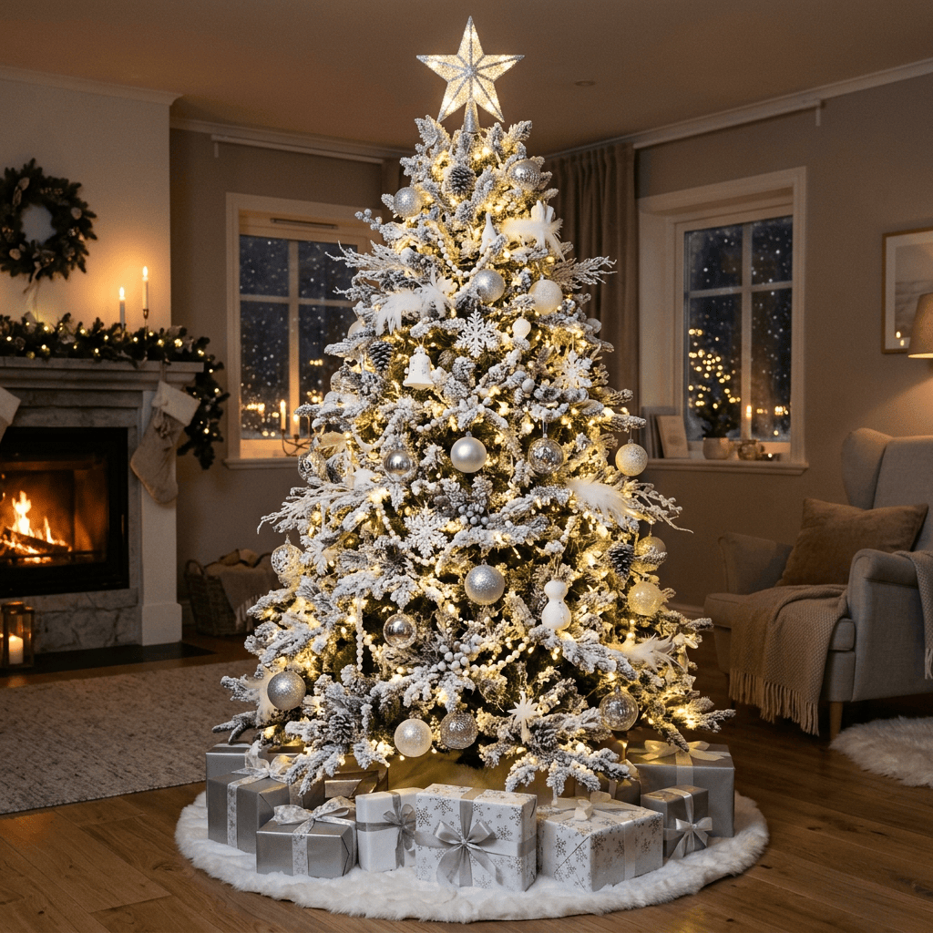 Snow-dusted Christmas tree with warm lights and wrapped gifts