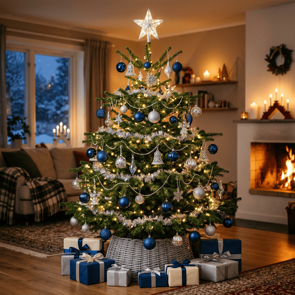 Decorated Christmas tree with blue and silver ornaments, gifts, and fireplace