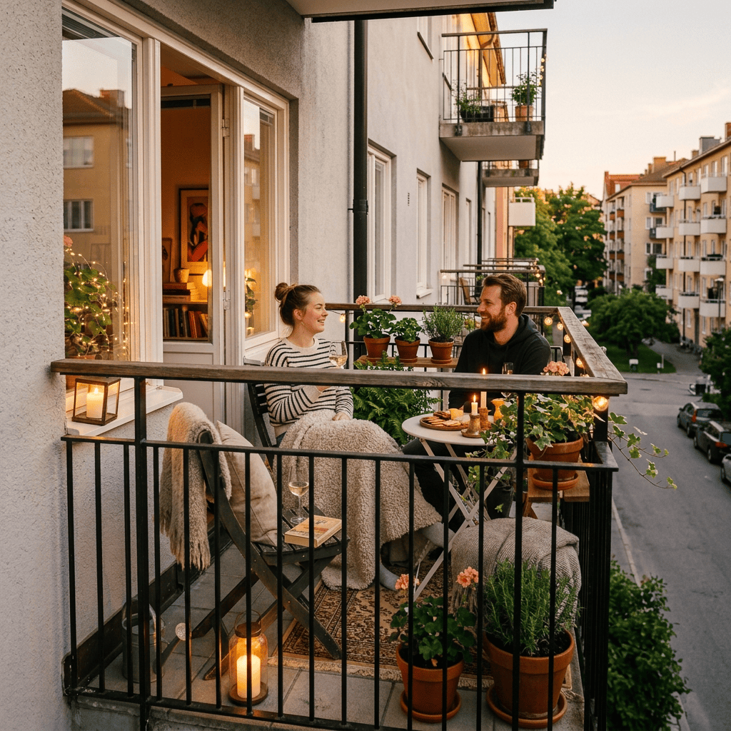 Two people chatting on a flower-filled apartment balcony overlooking a residential street