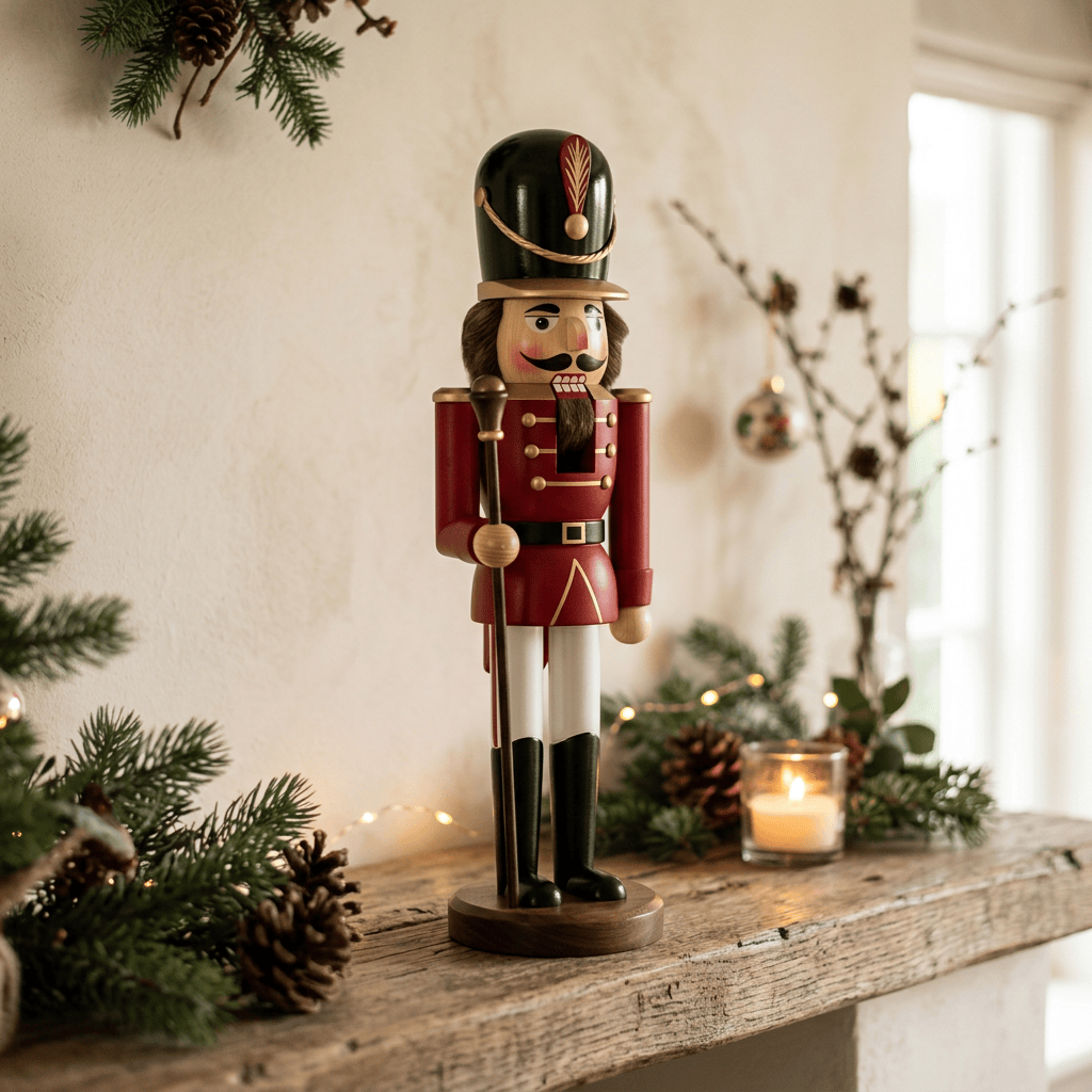 Wooden nutcracker soldier displayed on a Christmas mantel with greenery and candle