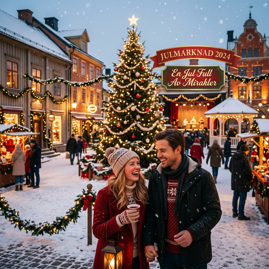 Couple holding hot drinks at a snowy Christmas market beneath a decorated tree
